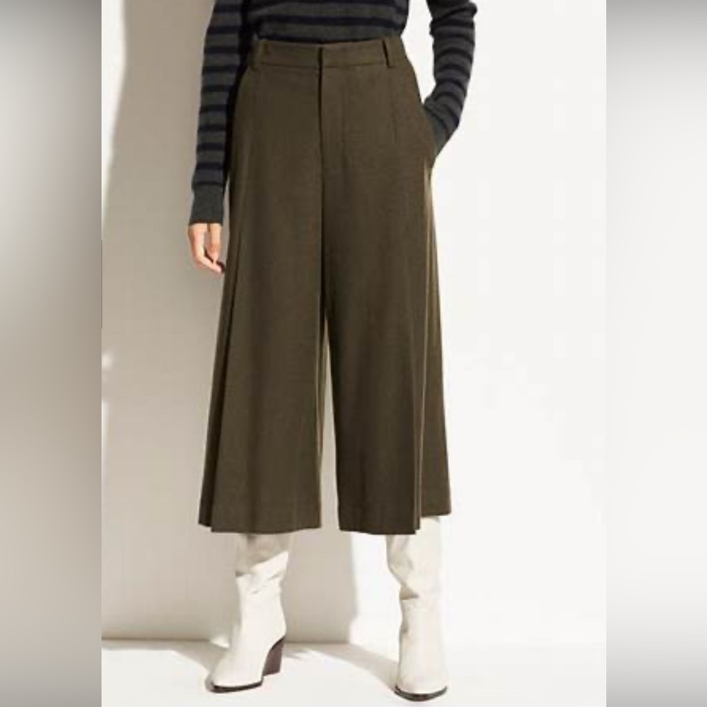 VINCE pleat front flannel culotte, size 4, pine